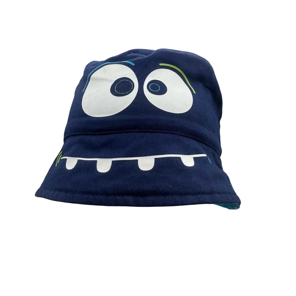 Toddler Kids Navy Blue Monster Face Bucket Hat Cotton Twill Sun Hat One Size
